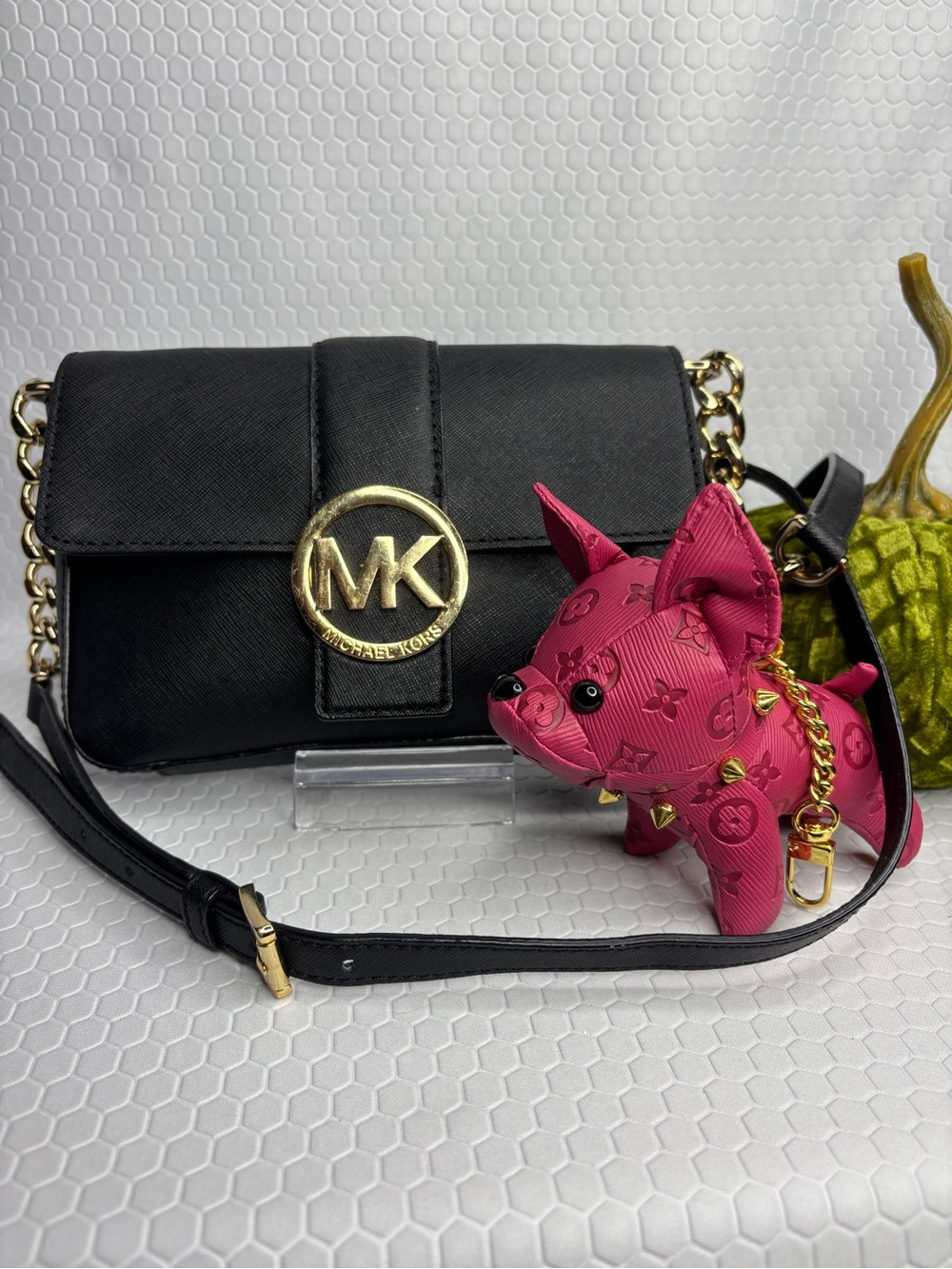 Michael Kors Black Leather Crossbody with Pink Dog Charm
